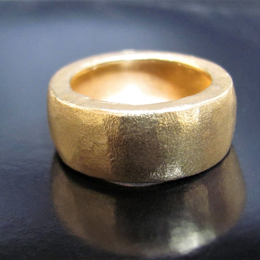 Handmade 14K Yellow Gold Wide Wedding Band – Unisex textured Ring